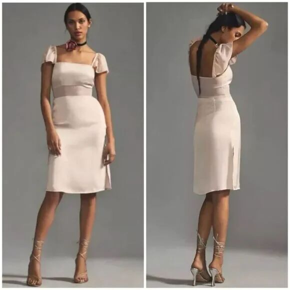 Anthropologie Light Sand Flutter Sleeve Mesh Panel Dress Size 6 New - Picture 1 of 8